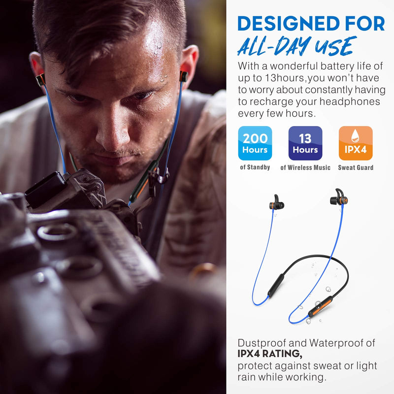 [AUSTRALIA] - Bluetooth noise reduction headphones, Mipeace magnetic custom-fit safety wireless neckband headphones-29db noise isolating work earbuds earphones with mic and control, IPX4 sweatproof 13+Hour Playtime 