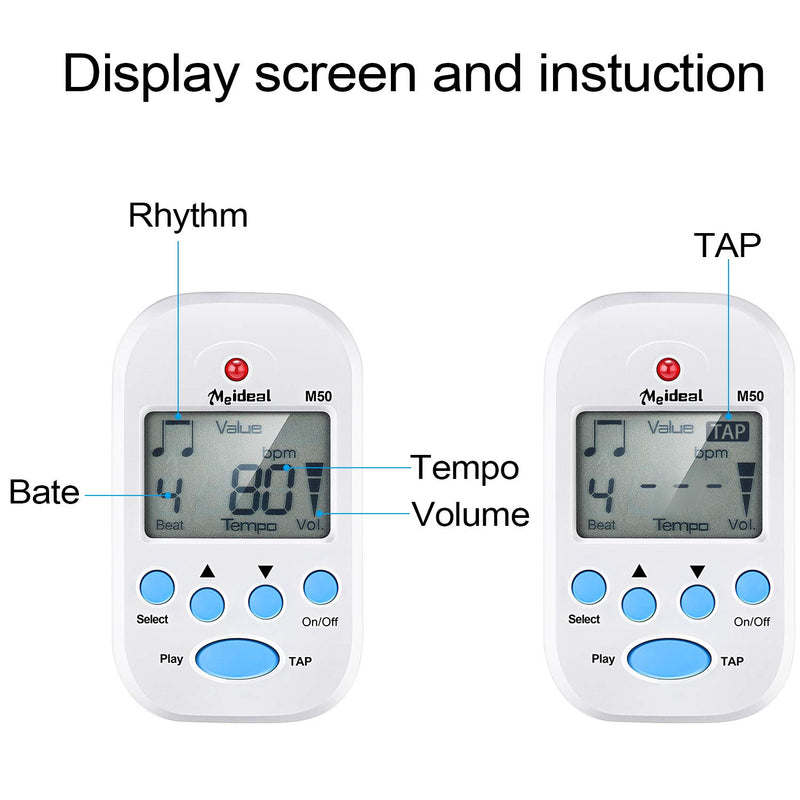 Mini Digital Metronome, Multifunctional, Portable, Volume Adjustable, Clip on, with Speaker, Beat Tempo, with Battery for Piano, Guitar, Saxophone, Flute, Violin, Drum (White) White