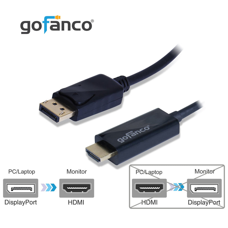 DP to HDMI, gofanco Gold Plated 10 Feet DisplayPort to HDMI Cable Adapter for DisplayPort-Equipped Systems to Connect to HDMI HDTVs or Monitors (DPHDMI10F) 1080P