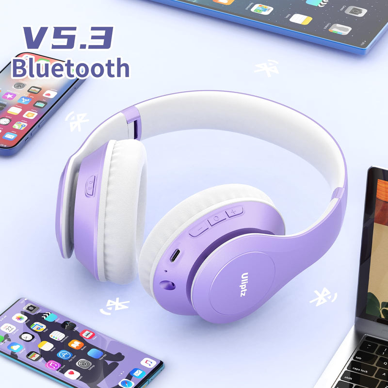 Uliptz Wireless Bluetooth Headphones, 65H Playtime, 6EQ Sound Modes, HiFi Stereo Over Ear Headphones with Microphone, Foldable Bluetooth 5.3 Headphones for Travel/Office/Cellphone/PC (Purple) Purple