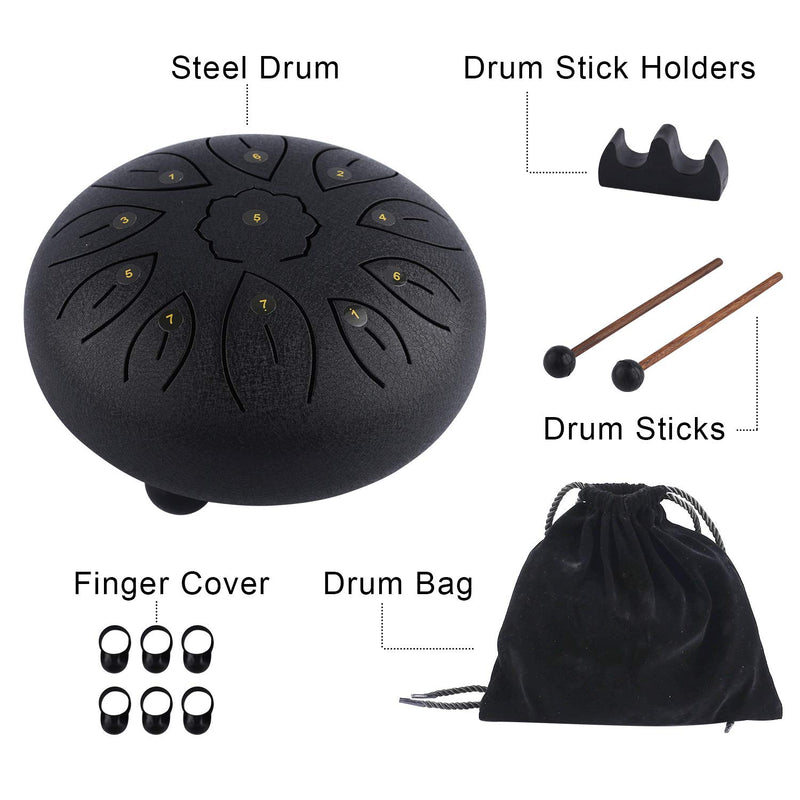 Steel Tongue Drum 11 Notes 6 Inches Dia Lotus type Steel Handpan Drum Percussion Drums Instrument Steel Tung Drum C-Key with Mallets, Book, Notes Sticker,Drum Stick Holders, Finger Picks, Bag (Black) Black