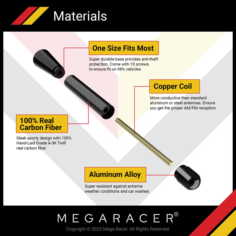 [AUSTRALIA] - Mega Racer 3" 76 mm Carbon Fiber Polished Finish Black Short Automotive Antenna with Internal Copper Coil AM FM Compatible for Car and Truck Vehicle, 1 Piece 