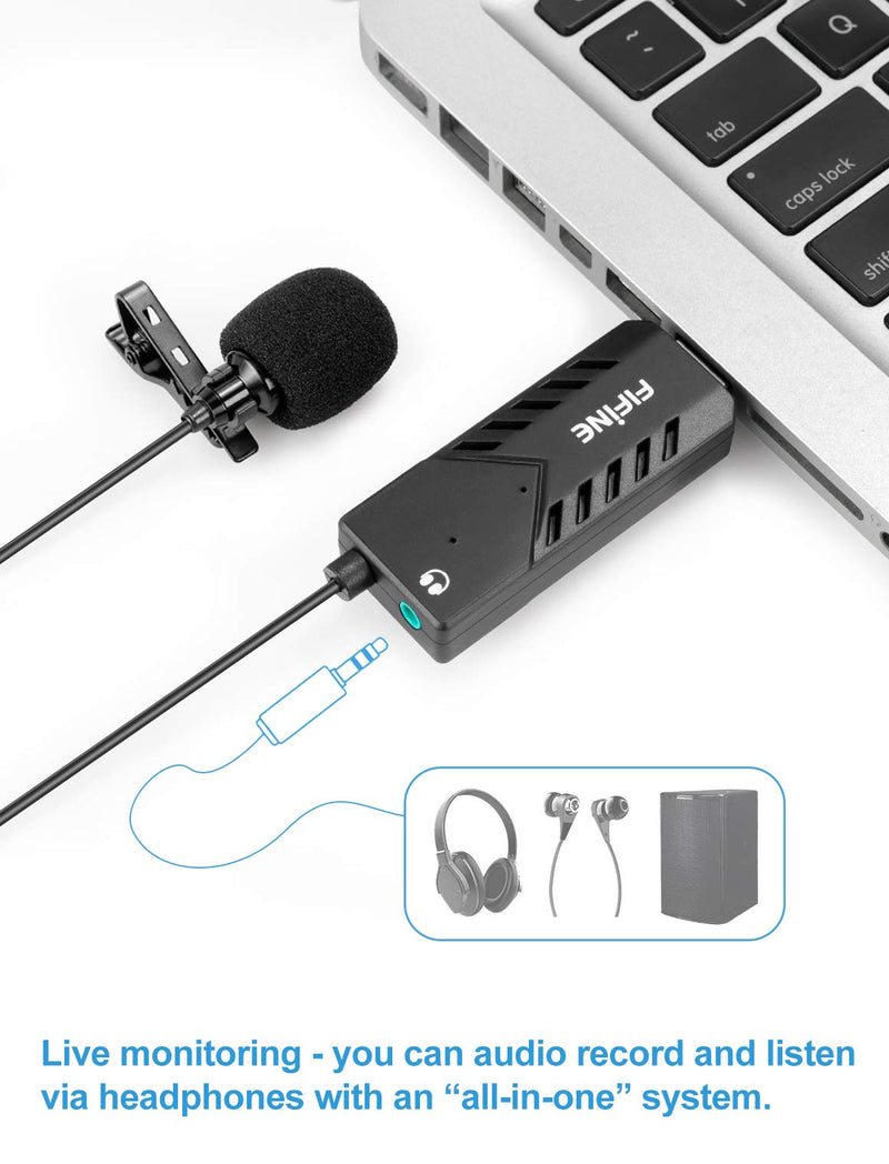USB Lavalier Lapel Microphone, Fifine Clip-on Cardioid Condenser Computer Mic Plug and Play USB Microphone with Sound Card for PC and Mac-K053