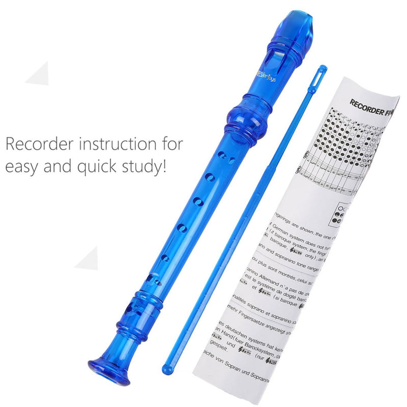 Soprano Descant Recorder 8 Hole-3 Piece Kids Crystal Music Flute w/Cleaning Rod Bag Instruction Blue