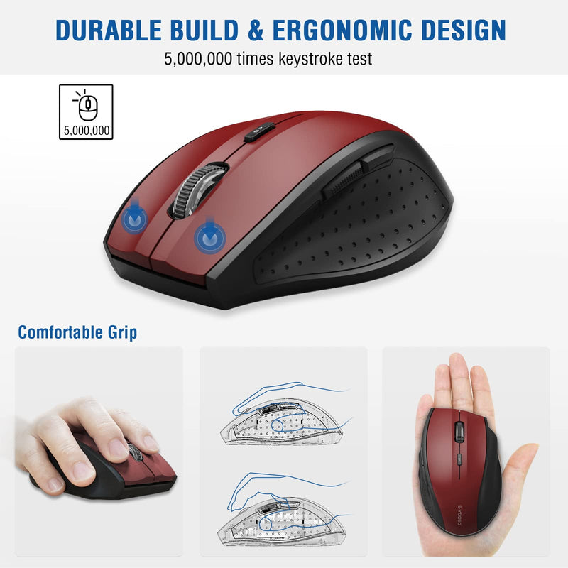 Wireless Mouse, E-YOOSO Computer Mouse 5 Adjustable DPI 6 Buttons Cordless Mouse Wireless Optical Mice with USB Nano Receiver, 2.4G Portable Ergonomic Wireless Mouse for Laptop/Windows/Mac(Red) Red
