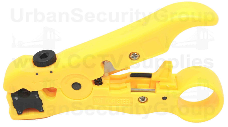 Urban Security Group Cable Stripper : Coaxial RG59, RG6, RG7, RG11 : Network Cat5e, Cat6, UTP, STP : Round & Flat Cable : Comfortable Grip : High Grade Steel + Plastic Construction : Premium Pro Grade