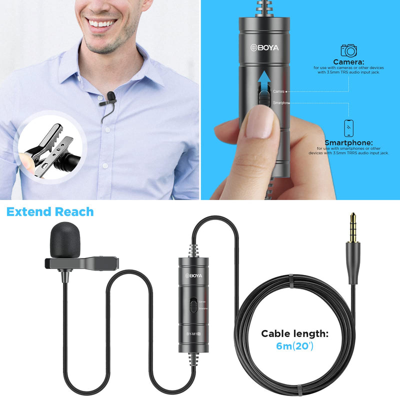 BOYA External Lavalier Lapel Microphone BY-M1S Omnidirectional Condenser Mic Camera Phone Audio Video Recording - Portable Clip-on Mic for Vlogging, YouTube, Interview, Tiktok (19.7ft)