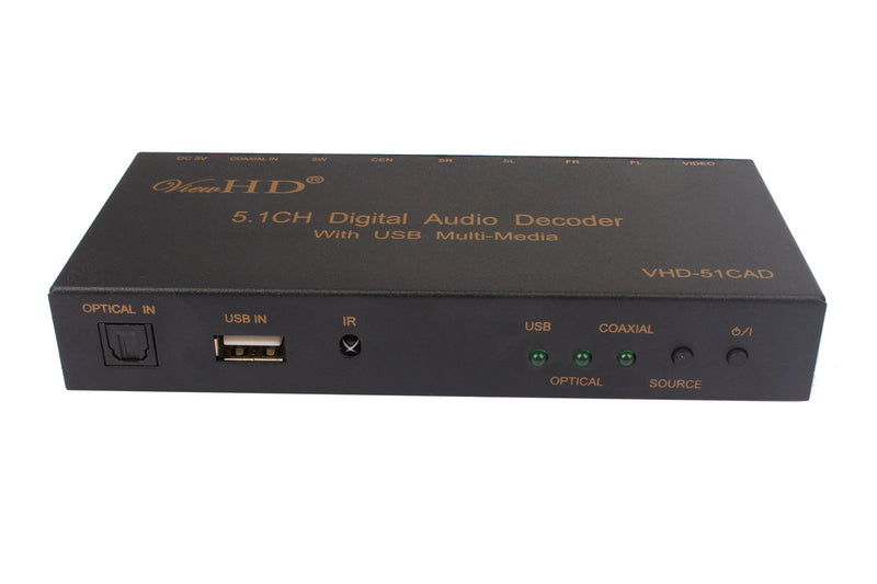 ViewHD Dolby Digital/DTS 5.1CH Digital Audio to 6 CH RCA Analog Audio or 2CH Stereo RCA Analog Audio (5.1CH Digital Audio Decoder with Built-in USB AV Media Player | VHD-51CAD