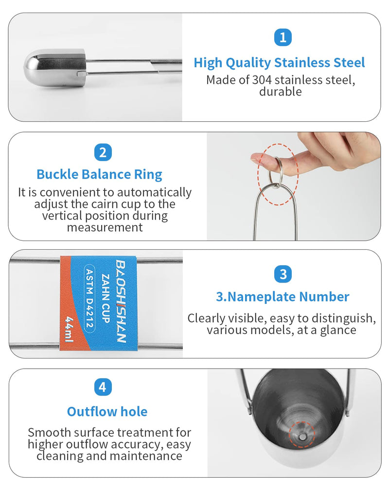 BAOSHISHAN NO.1 Zahn Cup Viscosity Cup #1 Dip Type 44ml Stainless Steel Viscometer Flow Cup for Paint Finishes Oil Dye Sauce Honey