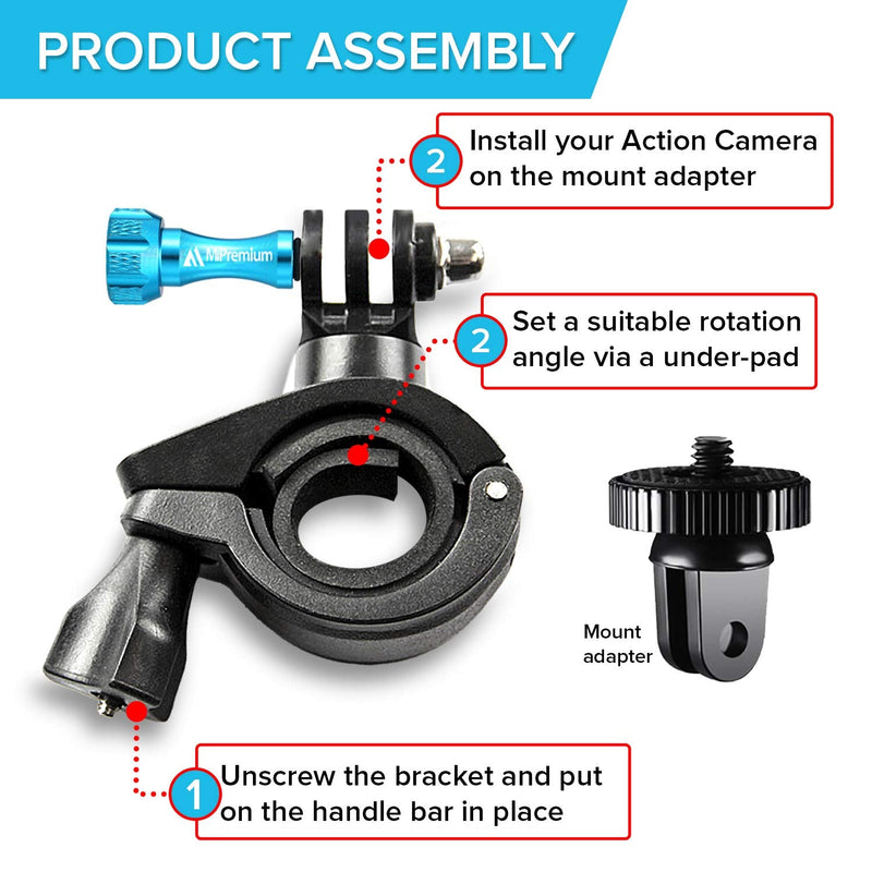 MiPremium Bike Handlebar Camera Mount Kit for GoPro Hero 10 9 8 7 6 5 4 3 2 1 Black Silver Session, AKASO Campark YI & Other Action Camera Accessories. ¼ - 20 Mounting Adapter for Motorbike & Bicycle