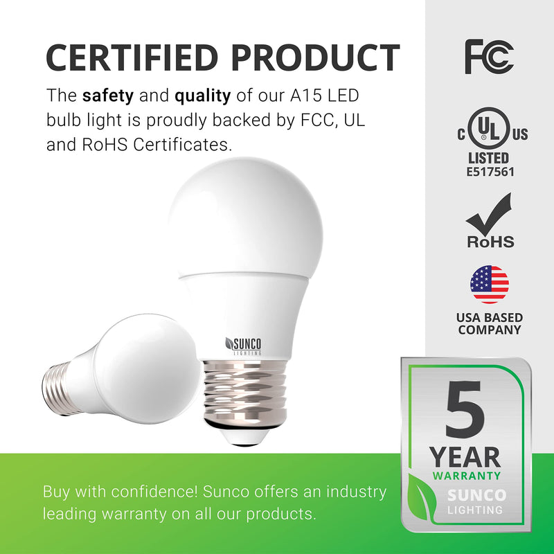 Sunco Lighting 4 Pack A15 LED Bulb, 8W=60W, 6000K Daylight Deluxe, Dimmable, 800 LM, E26 Base, Refrigerator & Fan Light - UL & Energy Star