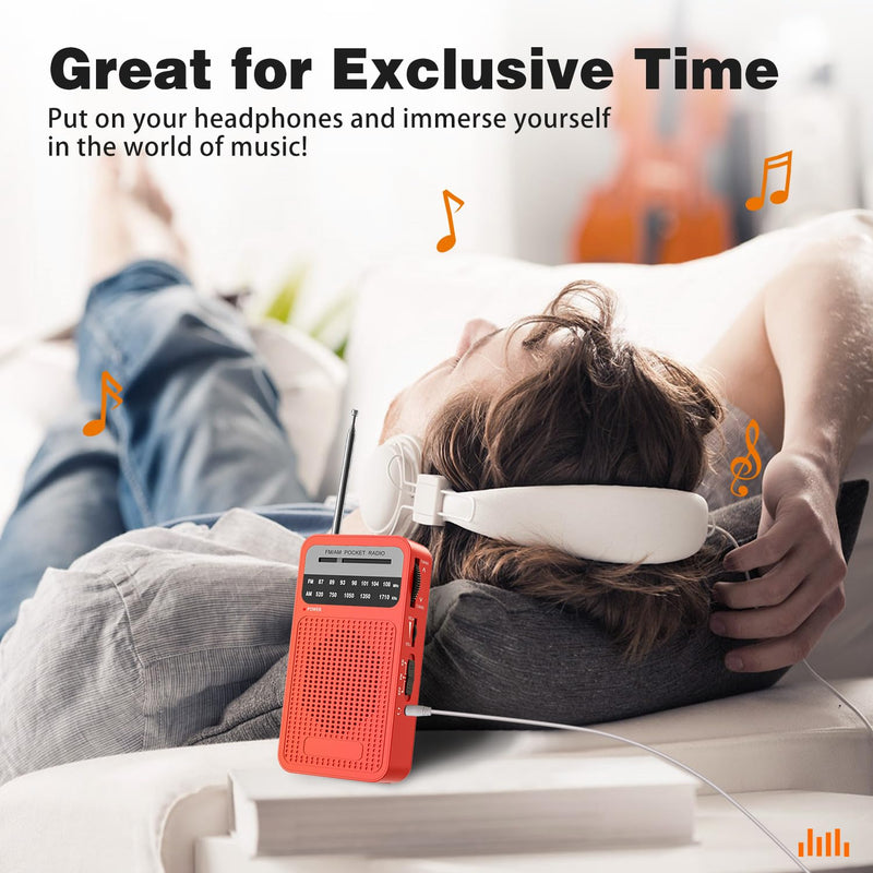 Portable Radio AM FM, Goodes Transistor Radio with Loud Speaker, Headphone Jack, 2AA Battery Operated Radio for Long Range Reception, Pocket Radio for Indoor, Outdoor and Emergency Use-Red New-Red