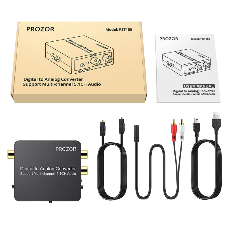 PROZOR Digital to Analog Audio Converter Support Dolby/DTS Decoder, Optical Out to RCA DAC Decoder, Optical to 3.5mm Converter, Optical/SPDIF/Toslink/Coaxial/DTS/PCM/5.1CH to 2CH Analog Stereo