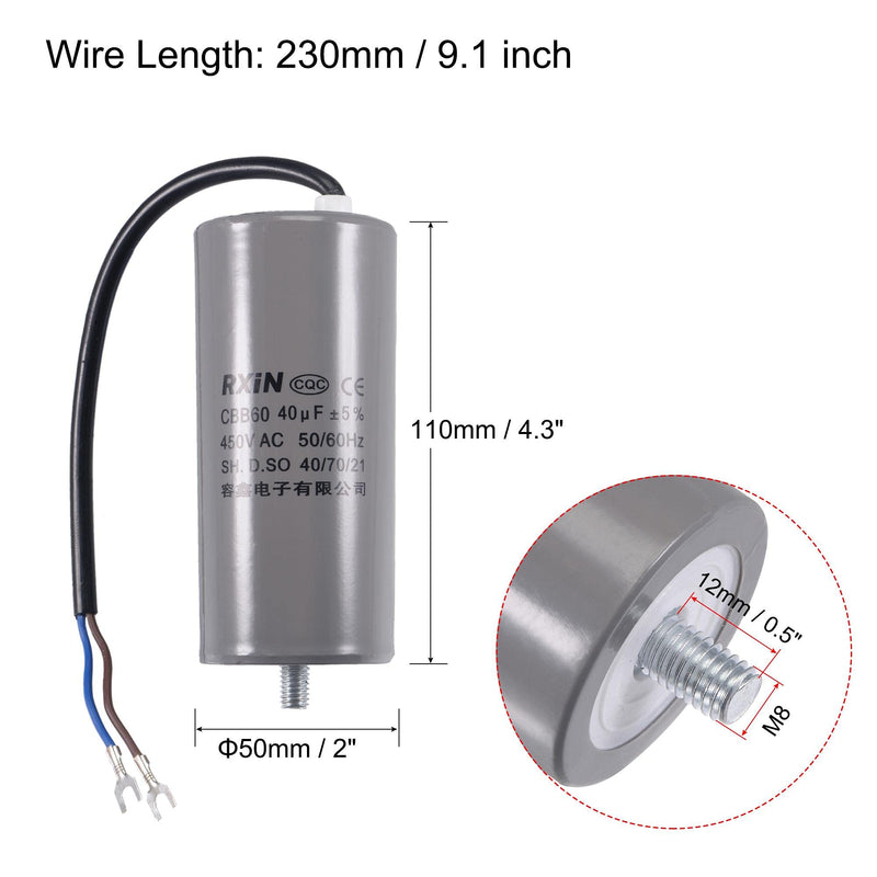 uxcell CBB60 Run Capacitor 40uF 450V AC 2 Wires 50/60Hz Cylinder 110x50mm with Terminal, M8 Fixing Stud for Air Compressor Water Pump Motor
