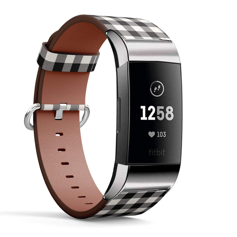 Compatible with Fitbit Charge 4 / Charge 3 / Charge 3 SE - Leather Watch Wrist Band Strap Bracelet with Stainless Steel Adapters (White Black Lumberjack Plaid)