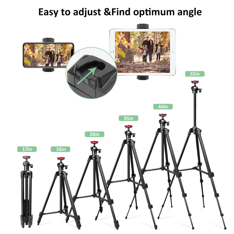 55" Mobile Phone/Tablet Tripod, Lightweight Adjustable Aluminum Stand with 360° Ball Head,Remote Shutter and Phone/Tablet Mount for Live Streaming, Video Calls, Teaching and Camera Shooting