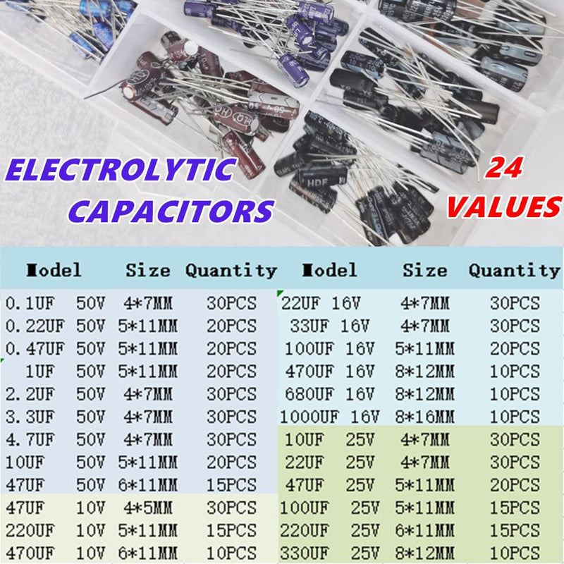 24 Values Aluminum Electrolytic Capacitors 500Pcs for DIY Range 0.1uF -1000uF