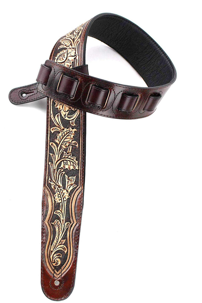 Walnut Brown Carving Leather Padded Guitar Strap With Hand Carved Traditional Western Tooling Walker & Williams KH-02-BRN