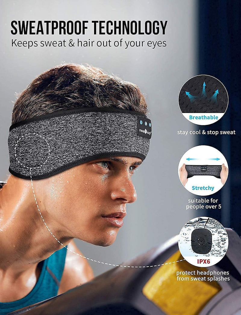 MUSICOZY Sleep Headphones Bluetooth Wireless Sports Headband, Sleeping Eye Mask Earbud for Side Sleepers Air Travel Meditation, Black Mask & Gray Headband, Pack of 2