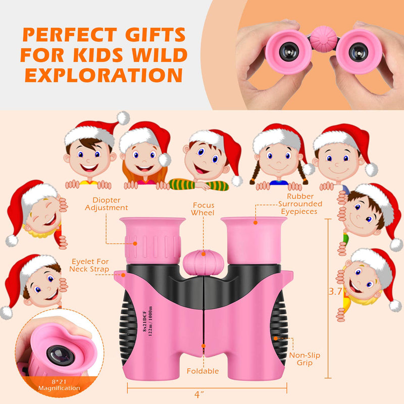 Compact Mini Binoculars for Kids – 8x21 Zoom Kids Binoculars Toy Gift Shock Proof for 3-15 Years Old Boys Girls Bird Watching Sporting Events Children Best Present (Pink)