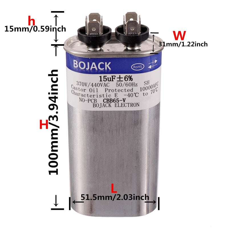 BOJACK 15 uF ±6% 15 MFD 370V/440V CBB65 Oval Run Start Capacitor for AC Motor Run or Fan Start and Cool or Heat Pump Air Conditione