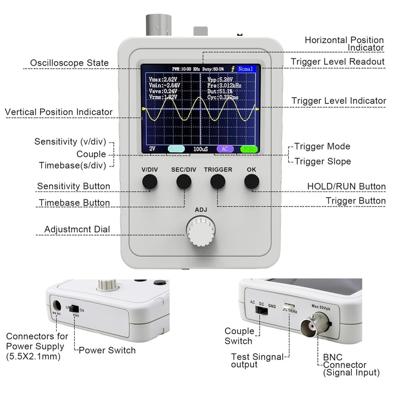 ETEPON Digital Oscilloscope Kit with BNC-Clip Cable Probe, Power Adapter (Assembled Finished Machine) Q15001, White