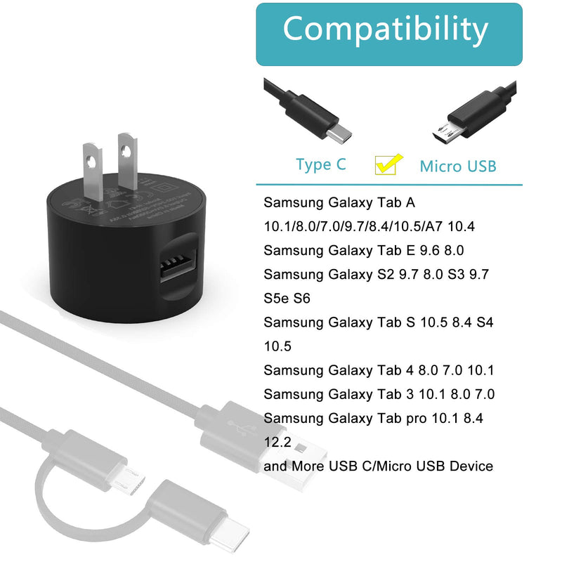 Galaxy Tab Charger Fit for Samsung Galaxy Tab A 10.1“ 8.0” 9.7“ 7.0” SM-T580/T587/T280/P580/P585/T380/T387/T290/T295/T350/T355/T555/T550/T377/T800/T113 Tablet Power Supply Adapter Cord Data Cable