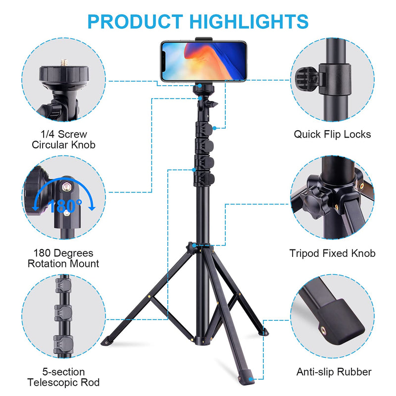 Phone Tripod, 63” iPhone Stand with Remote for Cell Phone, Tripod for iPhone 14 13 12 Pro Max/11/XR/X/8, Galaxy Note 8/S10 More