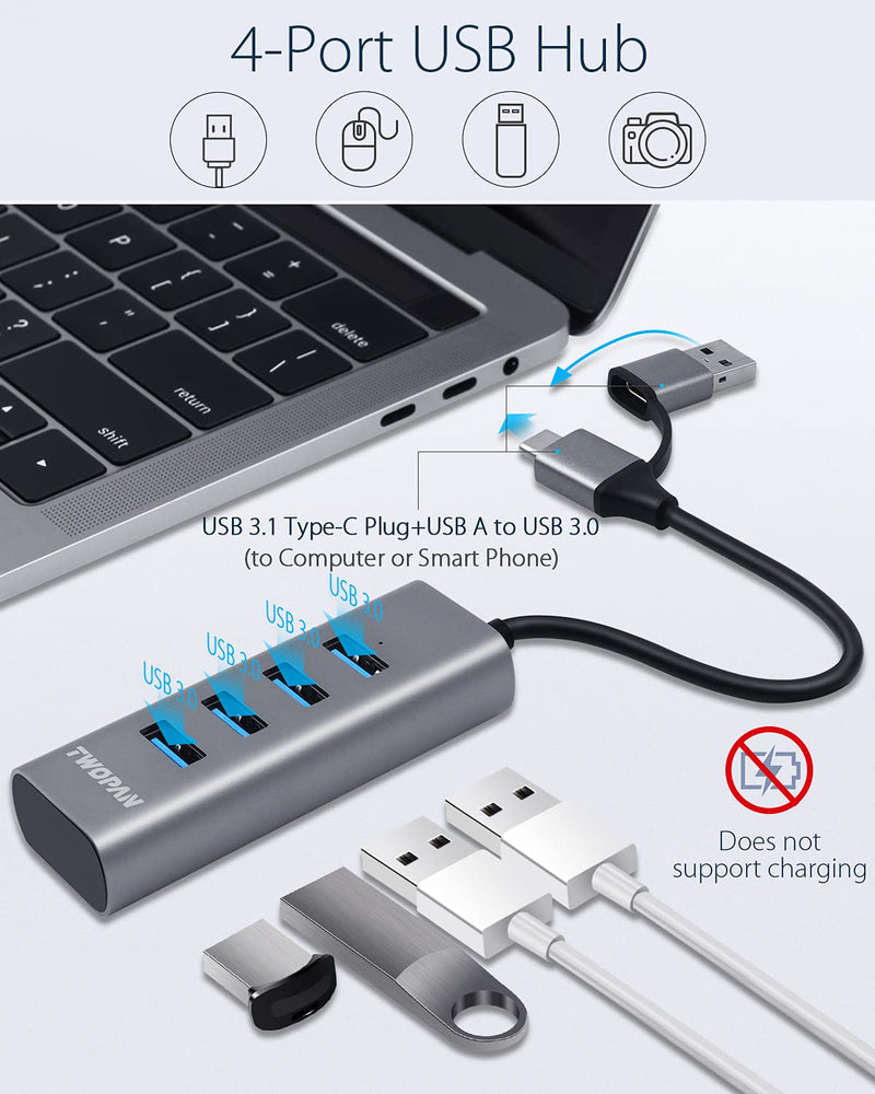 TWOPAN USB to USB Hub & USB C Hub T1-AC, USB C to USB 3.0 High Speed Ports Hub, 4-Port USB 3.0 Hub Adapter for MacBook, Tablet and Smartphone, Space Gray(Gray AC) Gray AC