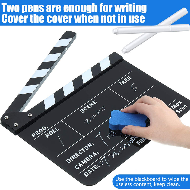 Film Clapboard 12 x 9.5 Inches Acrylic Movie Directors Clapboard Cut Action Scene Slate Studio Video Film Clapper with 2 Pieces White Ink Erasable Pen and Blackboard Eraser for Scene Shot Supplies