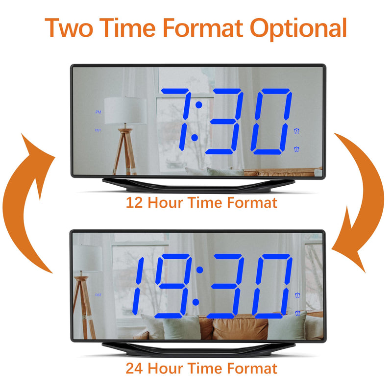 Digital Dual Alarm Clock with 2 USB Chargers for Heavy Sleepers Adults, 8.7" Large LED Display, Extra Loud Mirror Clock with Battery Backup, Easy to Set, Dimmable, Decent Alarm Clock for Bedrooms Kids Blue Digit