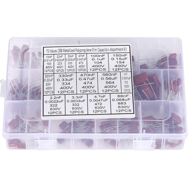 Molence 180PCS 15 Values Metallized Film Capacitor, 400V 630V 0.001uF to 0.56uF CBB22 Polypropylene Film DC Capacitor Assortment Kit