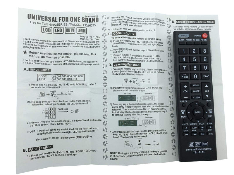 CT-RC1US-16 CT-90325 Replaced Remote fit for Toshiba TV LED LCD HDTV Learn TV 19AV600 19AV600U 19AV600UZ 19C100 19C100U 19C10U 19C1D 19C1DU 19L4200 19L4200U 49L420U 55L310U 65L350U