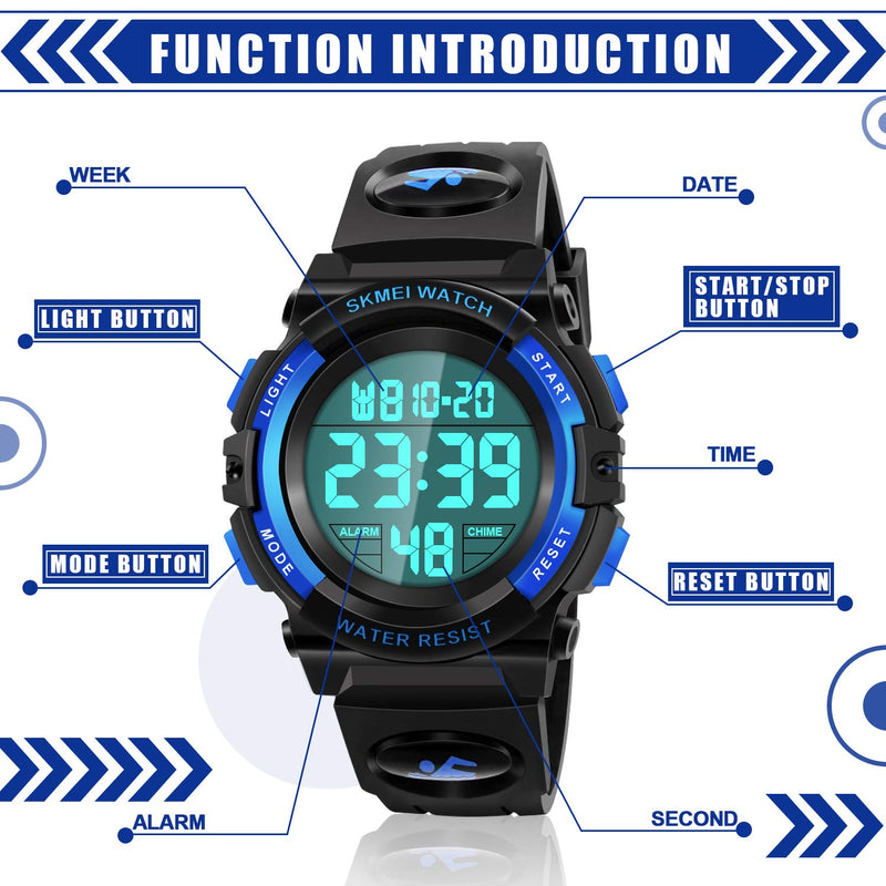 Dodosky Boy Toys Age 5-12, LED 50M Waterproof Digital Sport Watches for Kids Birthday Presents Gifts for 5-12 Year Old Boys - Blue