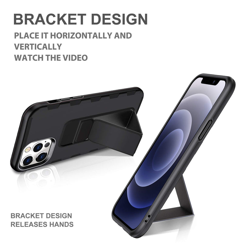 AB Business Group iPhone 12 Pro Shockproof Case with Magnet Folding Vertical and Horizontal Kickstand, Hand and Finger Strap with Metal Stand for Magnetic Car Mount Black