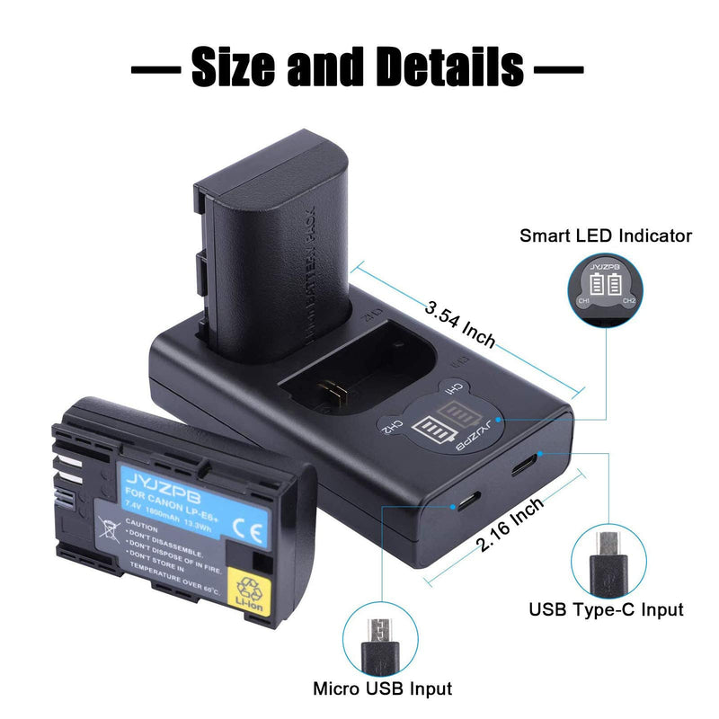 JYJZPB LP-E6 LP E6N Rechargeable Battery Charger Set, 2-Pack Camera Batteries Compatible with Canon EOS 5D Mark II, III, IV, 5DS, 5DS R, 6D, 60D,6D Mark II, 7D, 7D Mark II,70D, 80D Camera