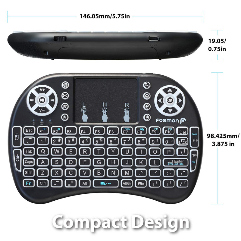 Fosmon Wireless Keyboard with Touchpad and RGB Backlight, Mini Portable 2.4GHz USB Adapter Keyboard, Rechargeable Battery, Adjustable DPI, Compatible with PC/Mac, Smart TVs, PS3/PS4, Xbox360, and more