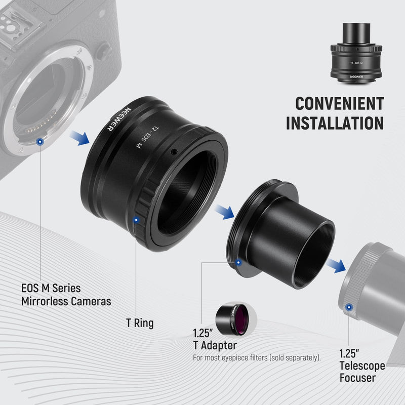 NEEWER EF-M to T2 Adapter with 1.25" Telescope Adapter Set, T Ring T Mount EOS M Telescope Lens Adapter Compatible with Canon EOS M M2 M3 M5 M6 M10 M50 M100 M200 Telescope Spotting Scope, LS-T13