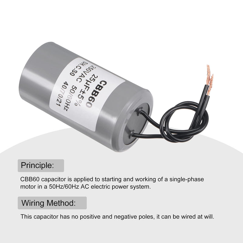 MECCANIXITY CBB60 Run Capacitor 25uF 250V AC 2 Wires 50/60Hz Cylinder 75x40mm for Air Compressor Water Pump Motor