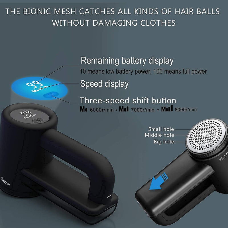 iRUNTEK Rechargeable Fabric Shaver, Electric Commercial Lint Remover with LED Display & Big Trash Box, 3-Speeds for Removing Fuzz and Pill from Clothes, Furniture, Sweater, Couch and Blanket, Black
