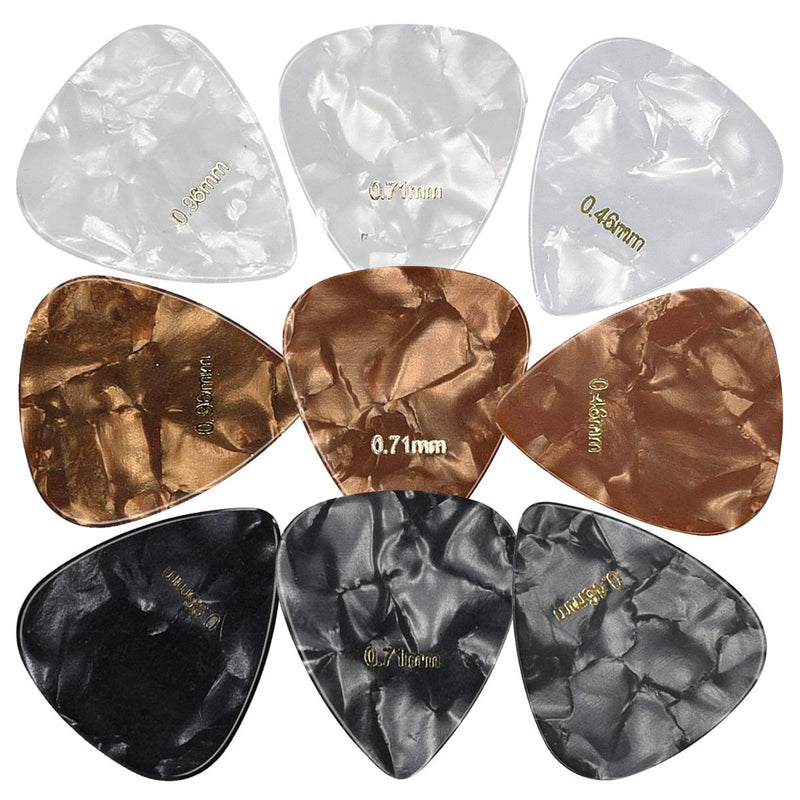 kwmobile Set of 9 Guitar Picks - Includes Thin, Medium, Heavy Gauges for Acoustic, Electric or Bass Guitar, Ukulele - Black/White/Gold Black + white + gold