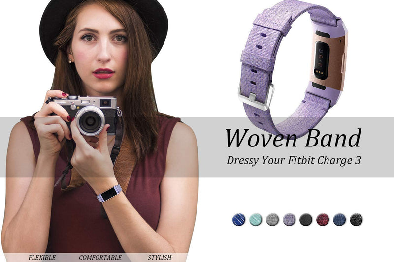 hooroor Canvas Woven Band Compatible for Fitbit Charge 4 / Charge 3 Bands and Charge 3 SE Band, Soft Breathable Fabric Cloth Replacement Wristbands Sports Accessories Small Large for Women Men Violet