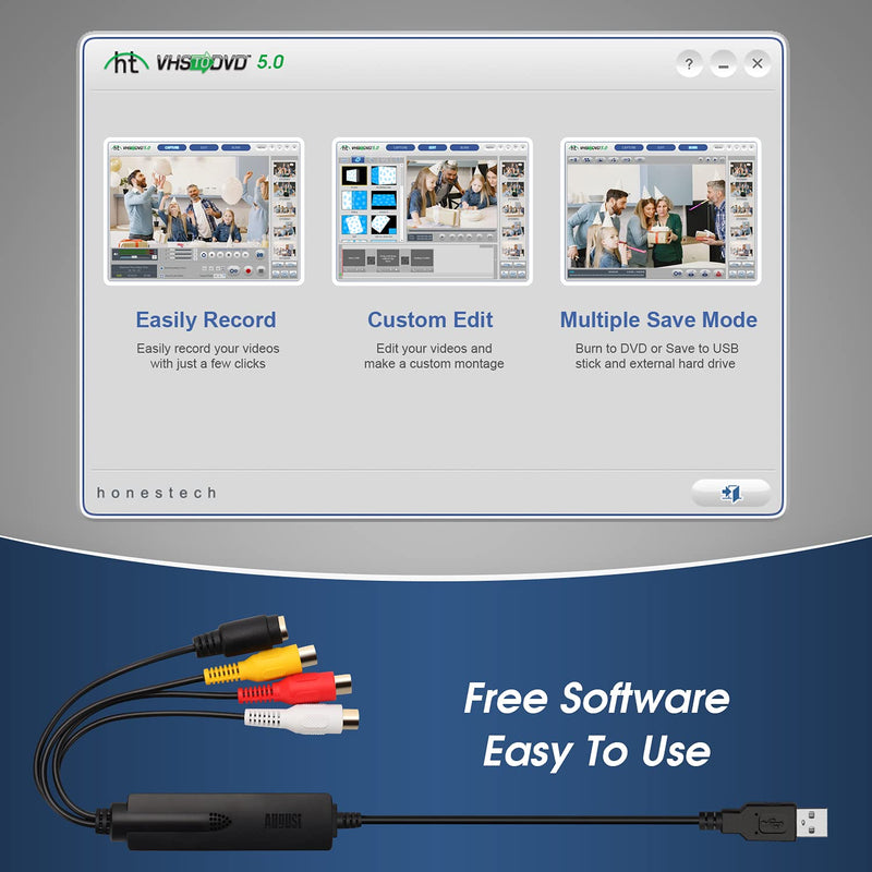 August USB Video Capture Card Grabber VGB350 - Transfer VHS Mini DV Hi8 DVD to Computer for Windows 11,10,8,7, Composite S-Video, PAL/NTSC/SECAM, Convert Video from VCR & Camcorder