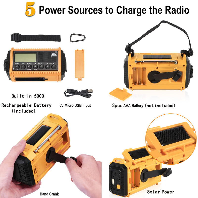 Auto NOAA Emergency Weather Radio, Solar Hand Crank Radio,Portable Battery Operated Emergency Radio with AM FM Shortwave,USB Charger,LED Flashlight,Clock, SOS Alert for Home Outdoors Camping Survival Yellow Black with LCD Display