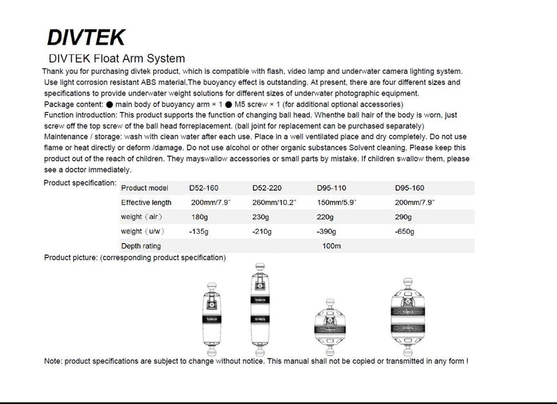 DIVTEK Float Arm D52-220 Scuba Diving Buoyancy Diveces Bracket with Nauticam Bayonet Mount for Underwater Photography Cameras Tray Video Light Strobe Arms