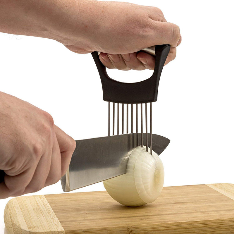 Stainless steel Onion Holder for Slicing, Vegetable Potato Cutter Slicer, Onion cutting tool, Stainless steel Cutting Kitchen gadgets.