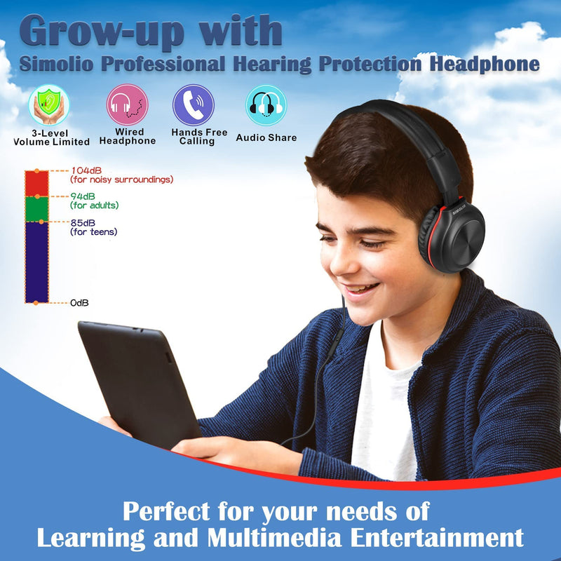 SIMOLIO Wired Headphones with Microphone & Volume Control & 3-Level Switchable Volume Limited & Share Jack & Bag, Stereo Headset for Kids Teens Adults Youth School Plane Travel Gift PC Computer Laptop