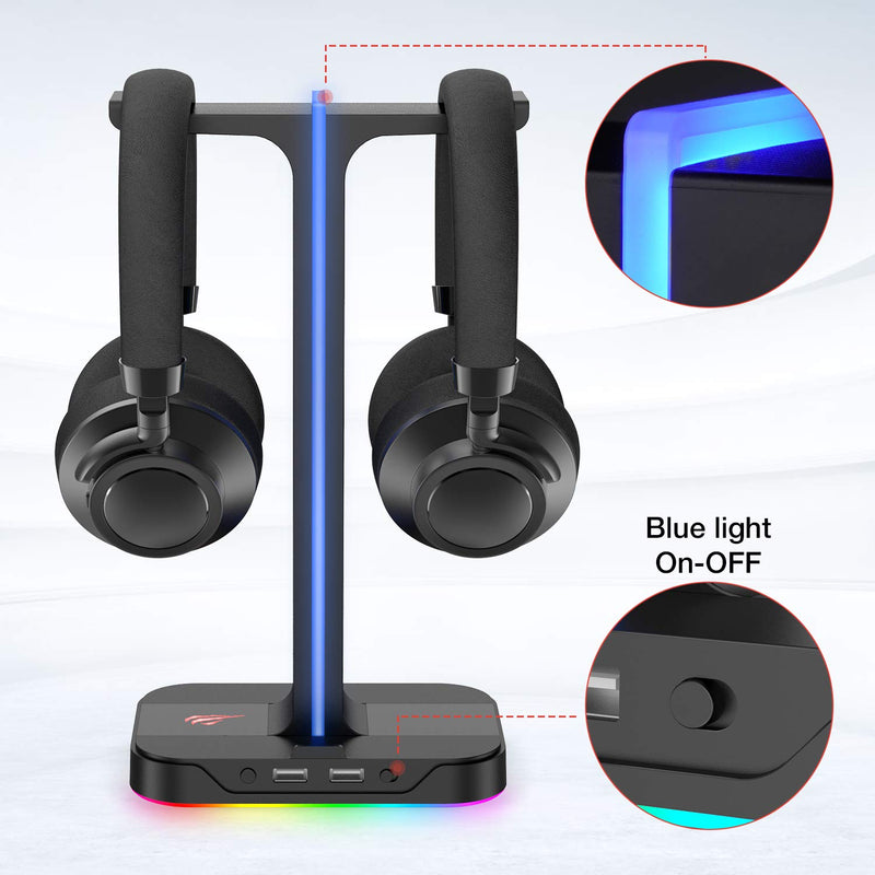 Havit RGB Gaming Headphone Stand Desk Dual Headset Hanger Base with Phone Holder & 2 USB Ports for Desktop PC Game Earphone Accessories Black