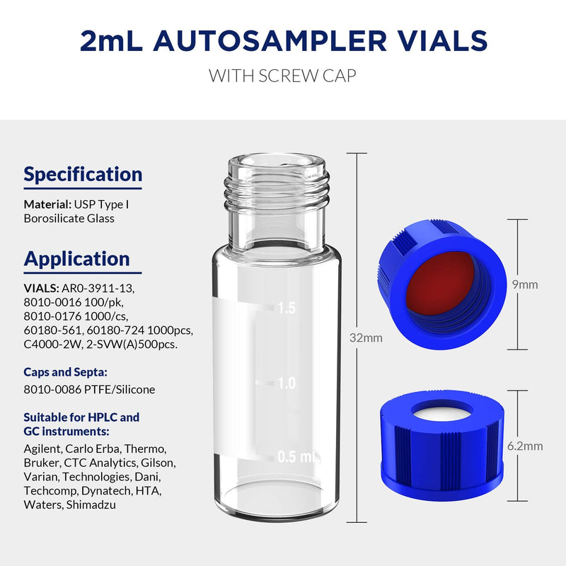 2mL Autosampler Vials, 9-425 HPLC Vials with Writing Area and Graduations, Screw Cap, Red PTFE & White Silicone Septa, 100 Pcs Clear Red White Septa