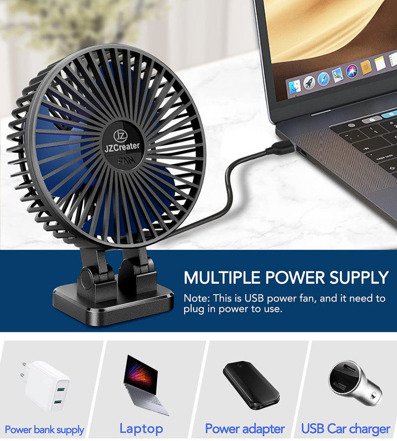 JZCreater USB Desk Fan, 5INCH Mini Fan, 3 Speeds Adjustable Desktop Table Cooling Fan, Rotation Strong Wind, Quiet Personal Fan for Home Office Car Travel, Black Blue